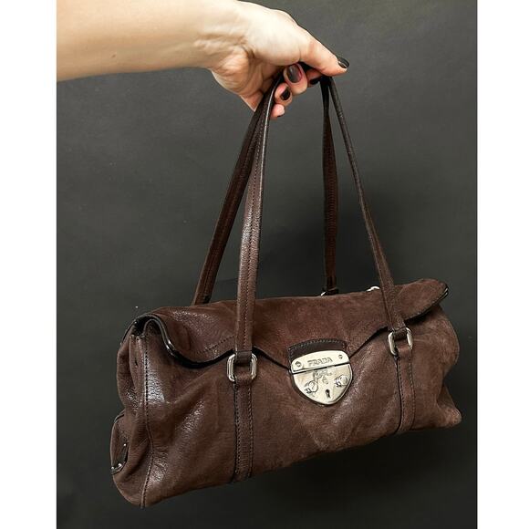Prada Chocolate Brown Leather Cervo Antik Easy Foldover Pushlock Shoulder Purse - Picture 9 of 14